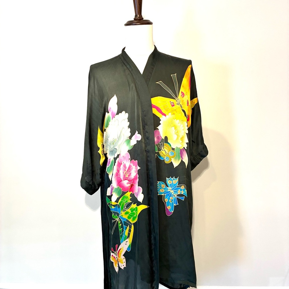 Floral Silk Kimono with Colorful Butterfly Design